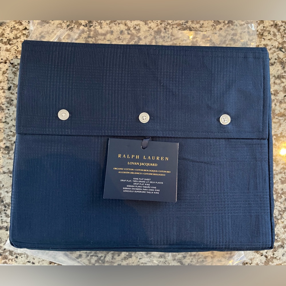 Ralph Lauren FULL ORGANIC Cotton Lovan Jacquard Flat Sheet Navy NWT